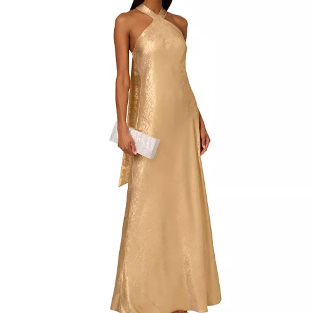 Gold Backless Sequin Gown with Halter Neckline for Wedding Guest